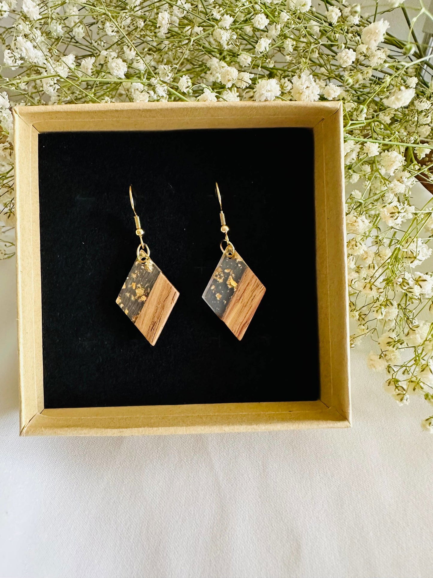 Wood and resin earrings, gold plated hooks, gold flakes - The Localist