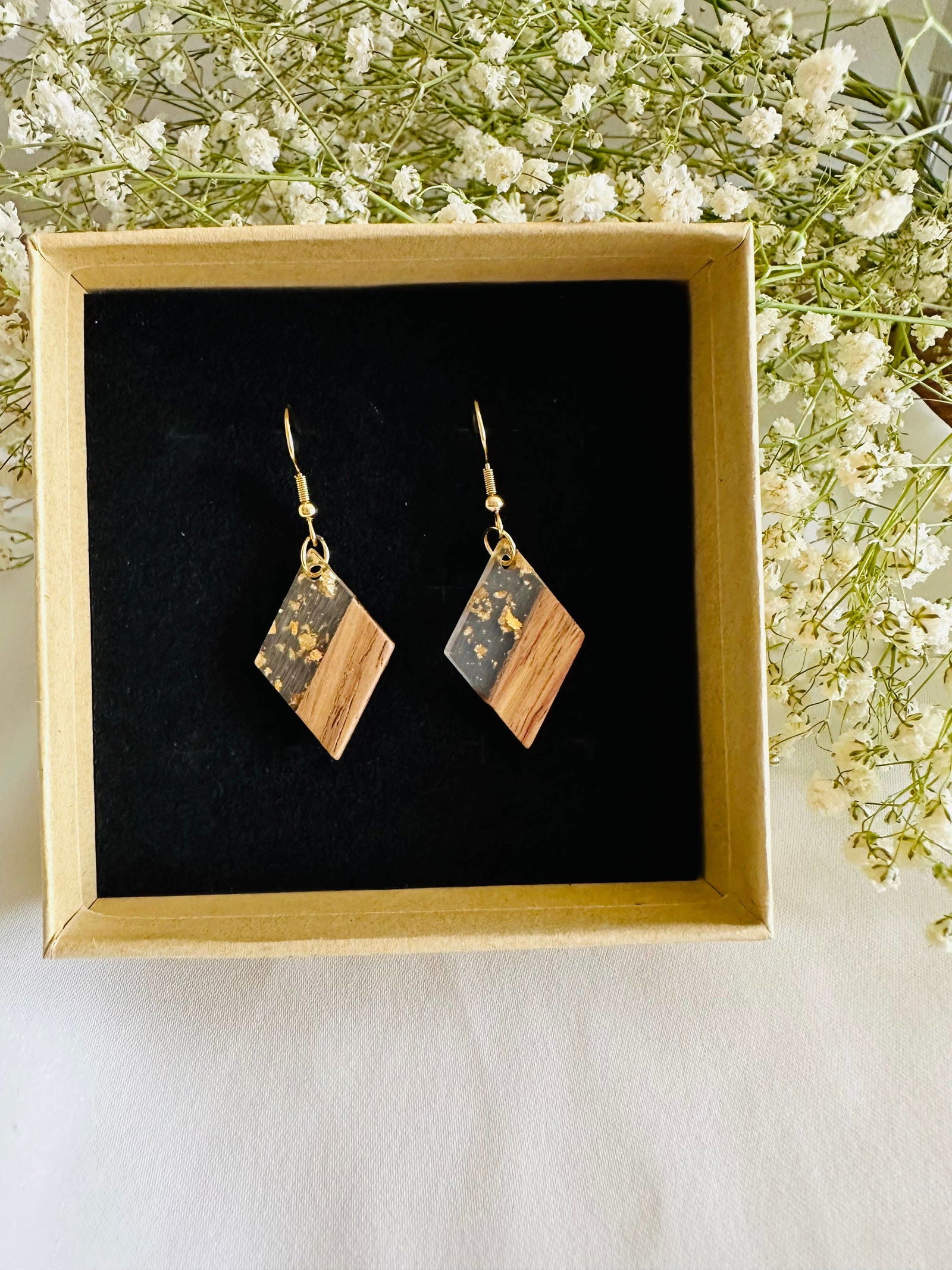 Wood and resin earrings, gold plated hooks, gold flakes - The Localist