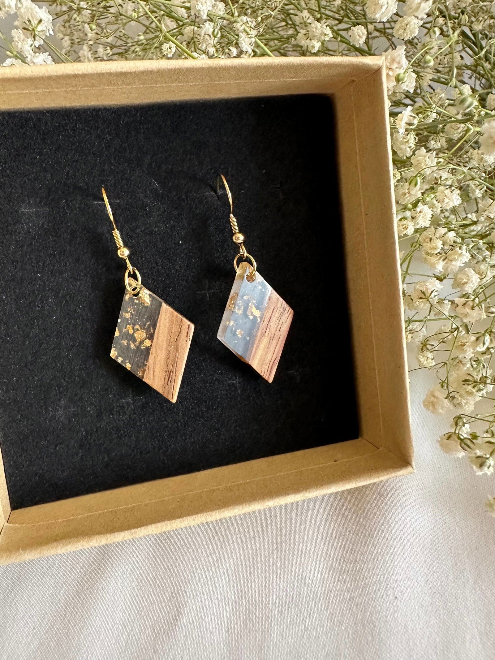 Wood and resin earrings, gold plated hooks, gold flakes - The Localist