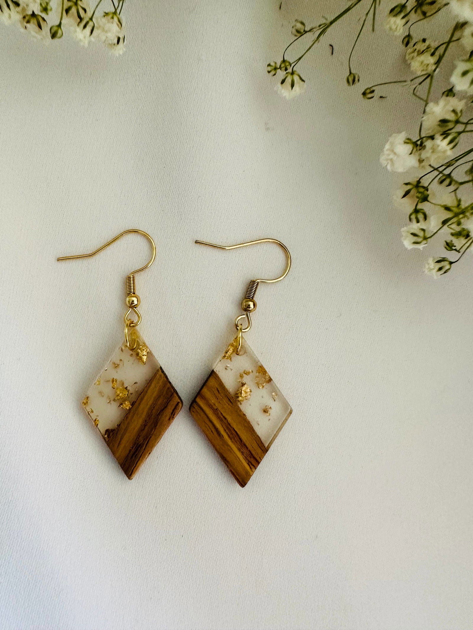 Wood and resin earrings, gold plated hooks, gold flakes - The Localist