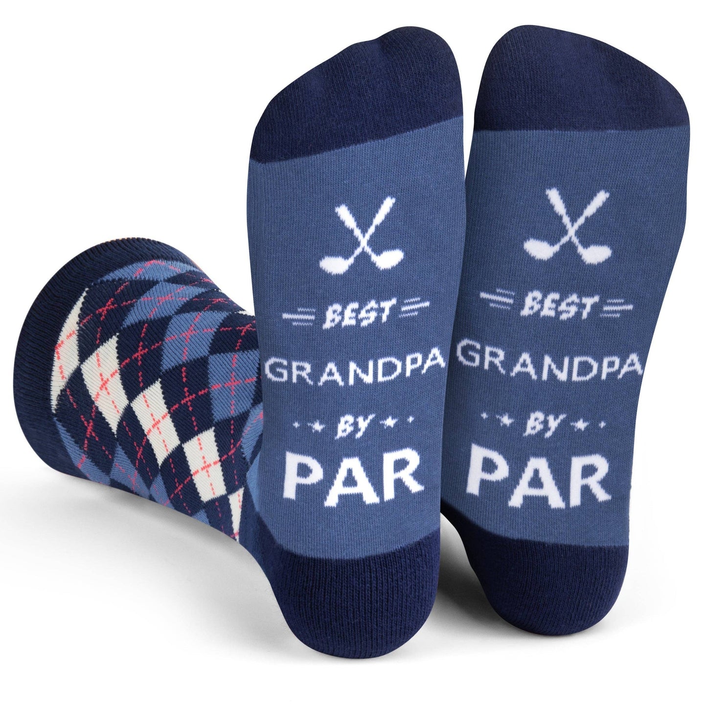 mannequin feet wearing blue plaid socks that read Best Grandpa by Par on the souls