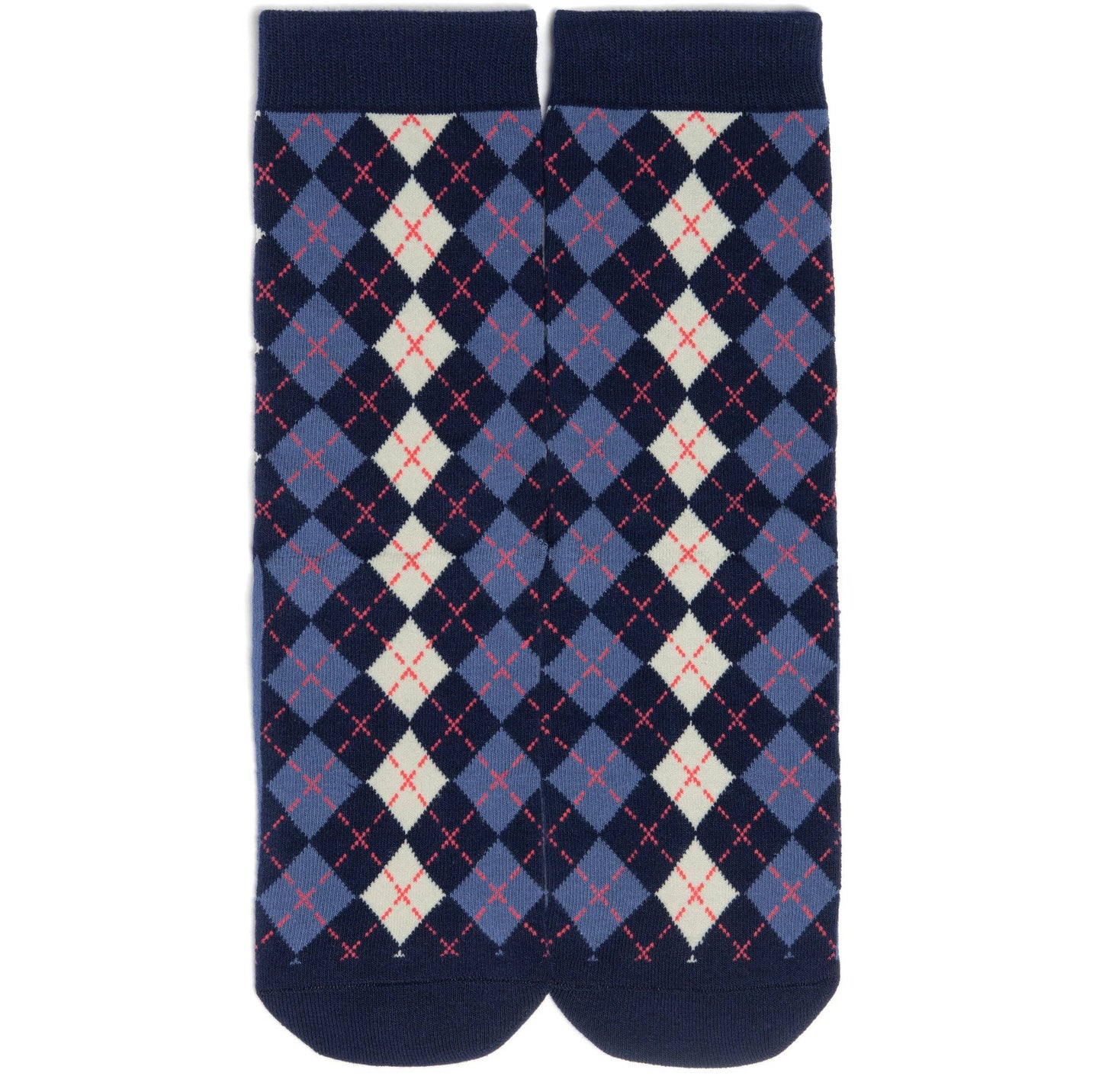 tall socks in blue, dark blue and white plaid with thin red lines laying flat on white surface