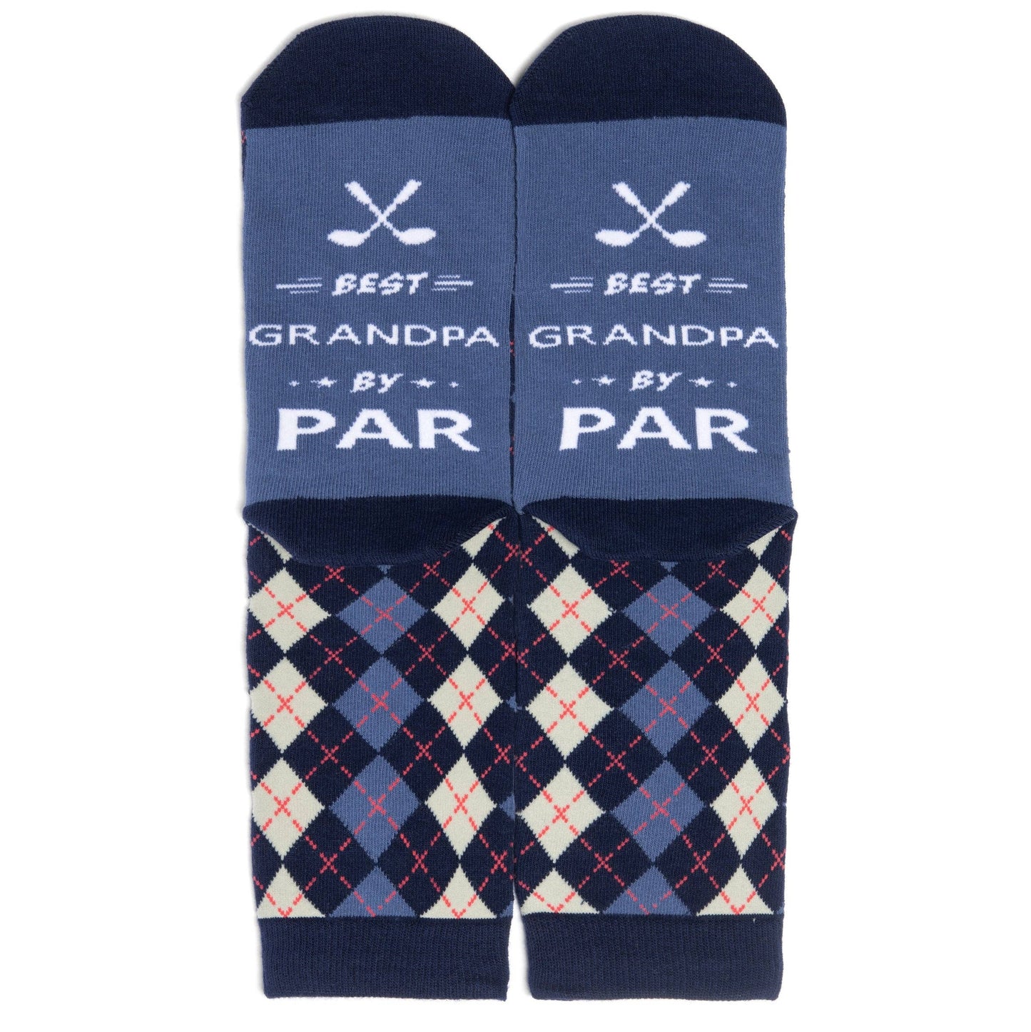 tall socks in blue, dark blue and white plaid with thin red lines laying flat on white surface showing the souls that read Best Grandpa by Par