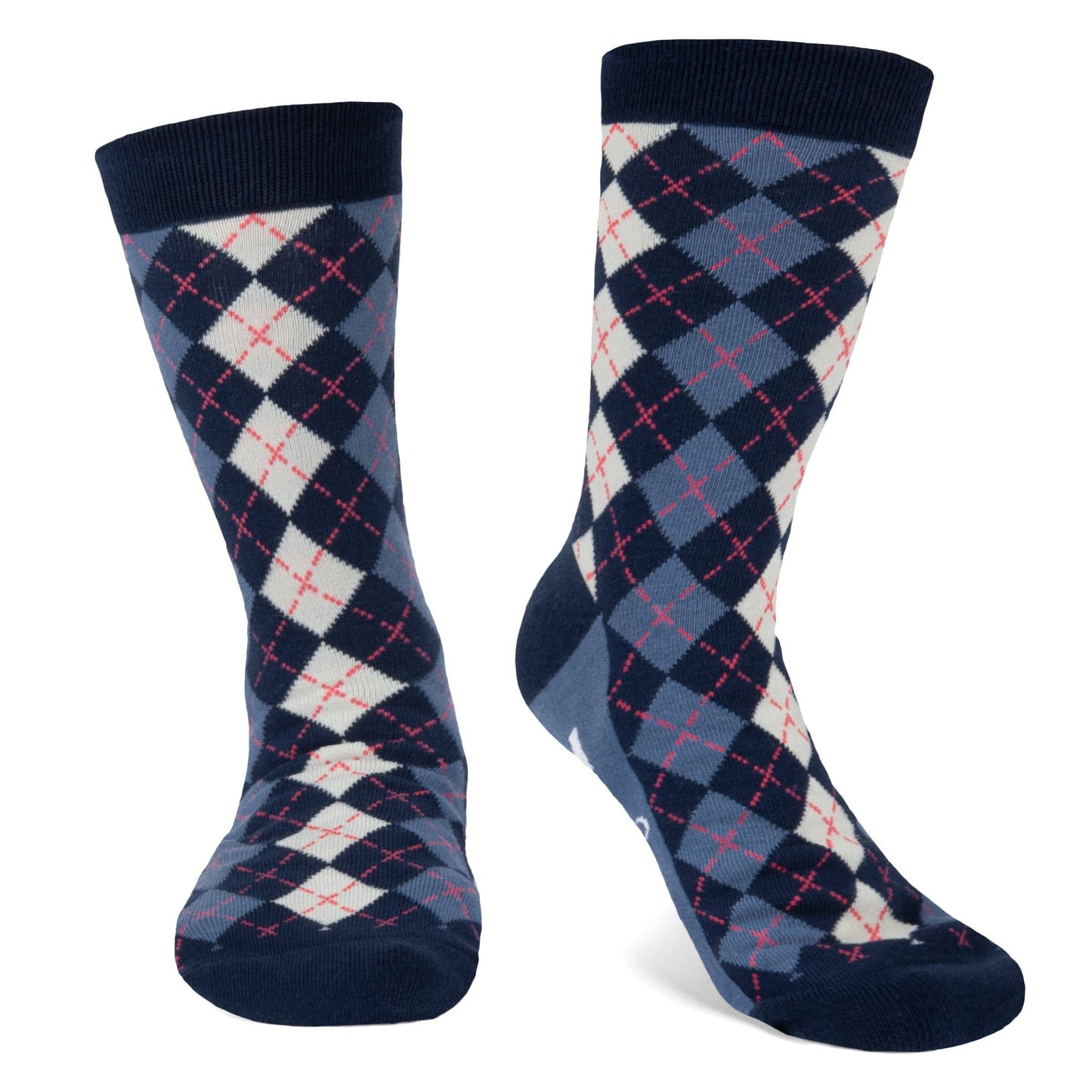 tall socks in blue, dark blue and white plaid with thin red lines laying flat on white surface