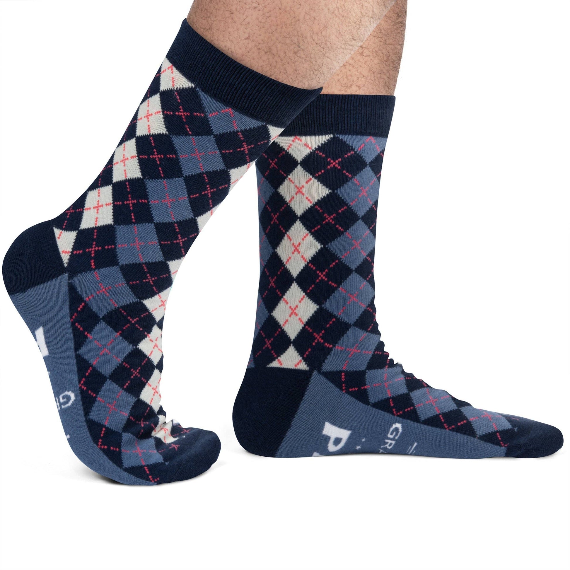 mens legs below the knee down wearing blue plaid socks