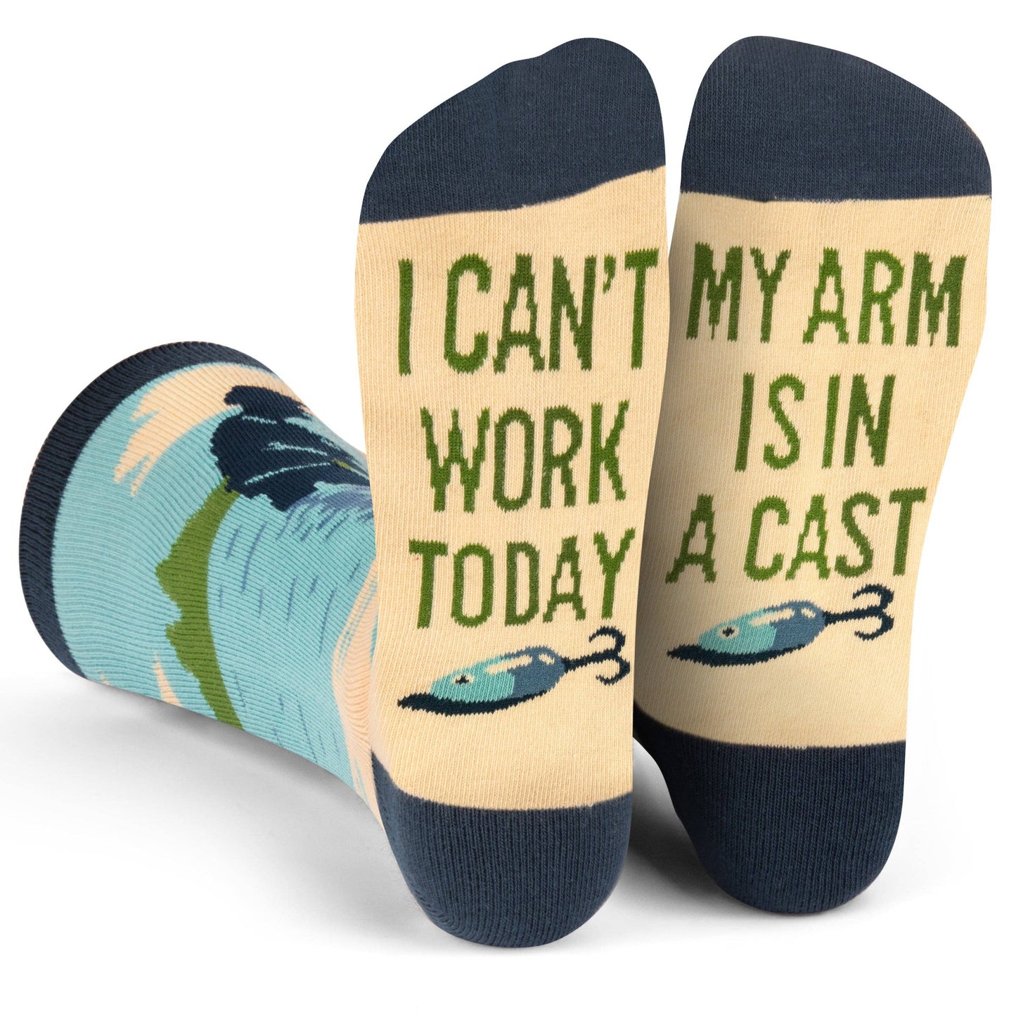 mannequin wearing fishing themed socks showing souls that read I' can't work today My arm is in a cast