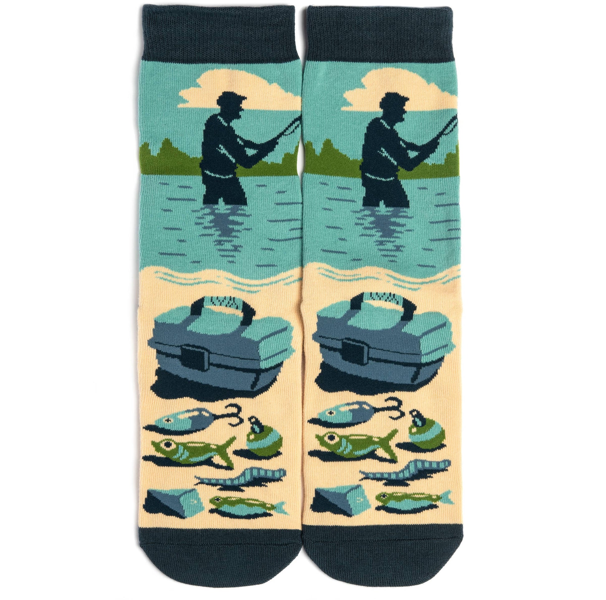 fishing themed socks laying flat on white surface