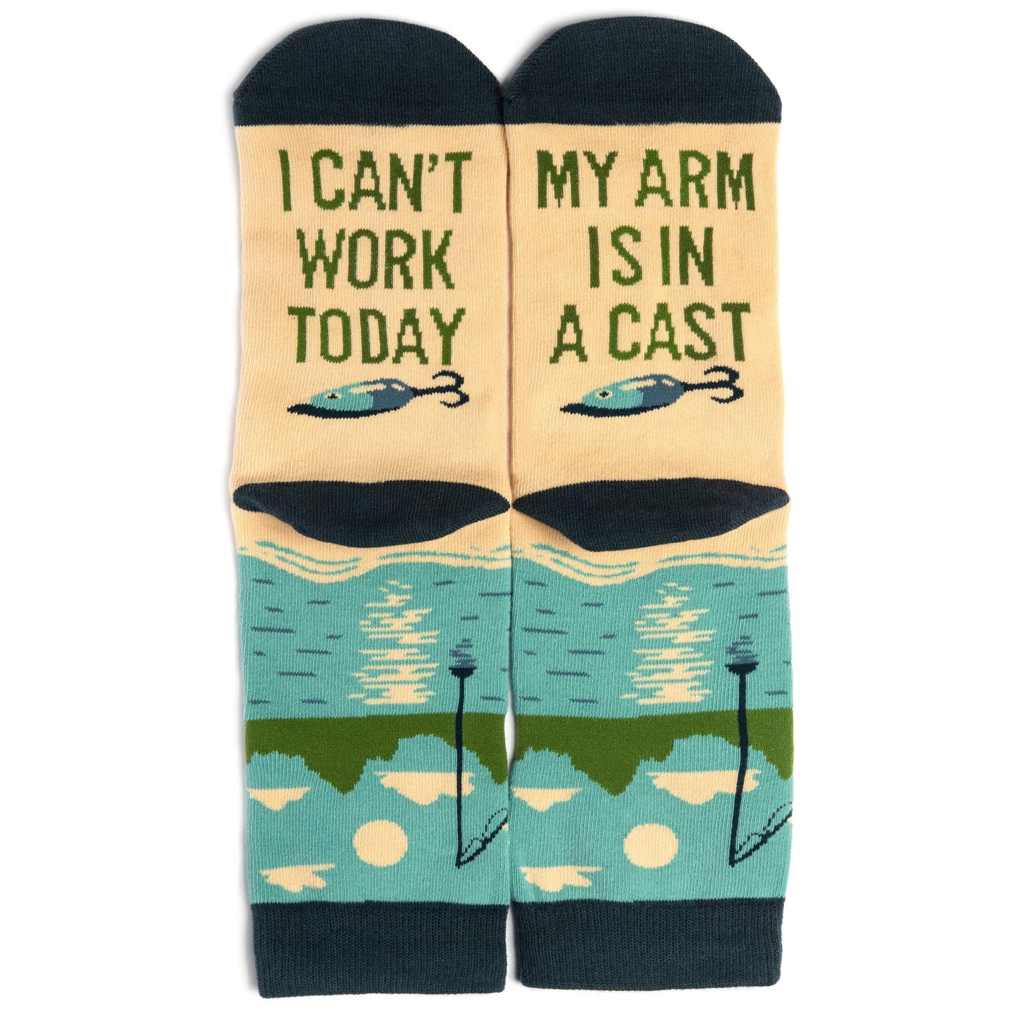 fishing themed socks laying flat on white surface showing souls that read I can't work today my arm is in a cast