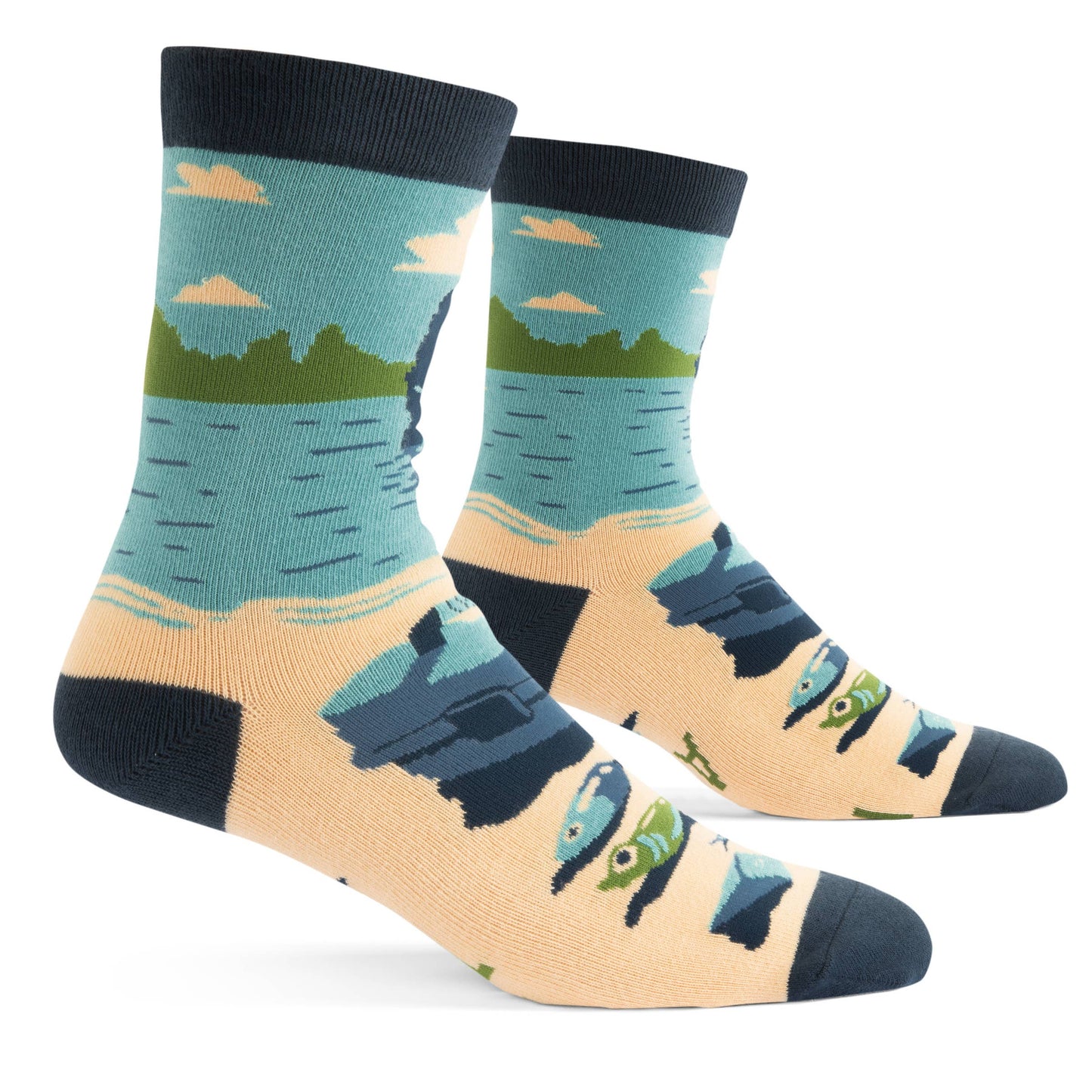 side view of mannequin wearing fishing themed socks