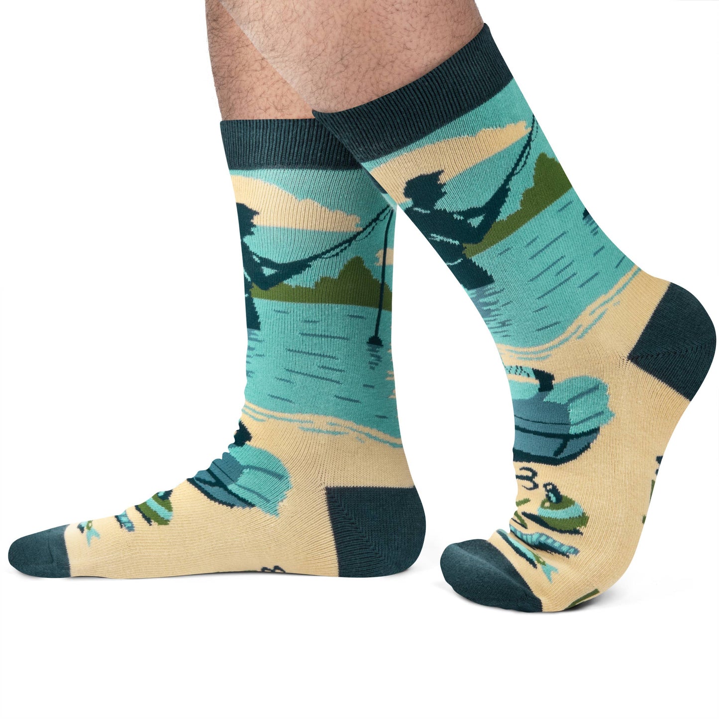 lower portion of mens legs, showing side view of fishing themed socks