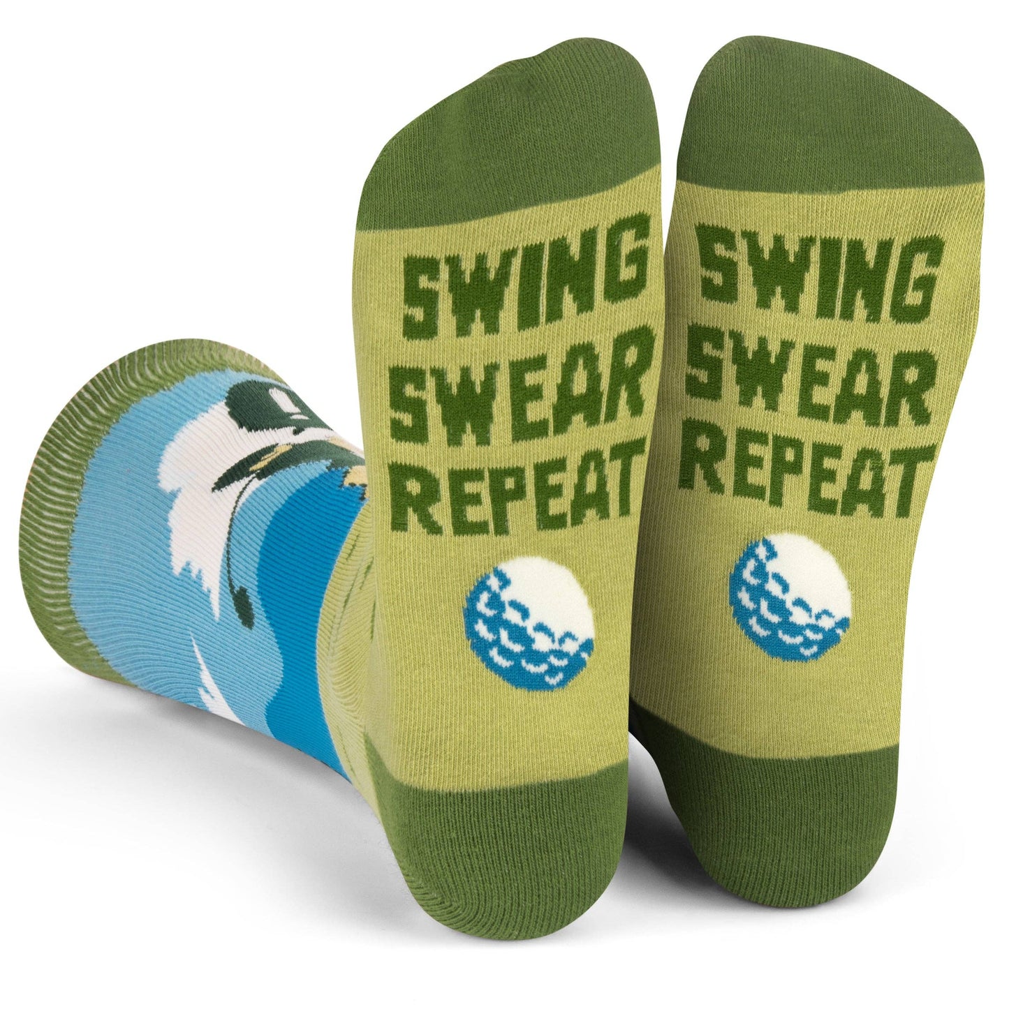 mannequin feet wearing golf themed socks showing the souls that read Swing Swear Repeat