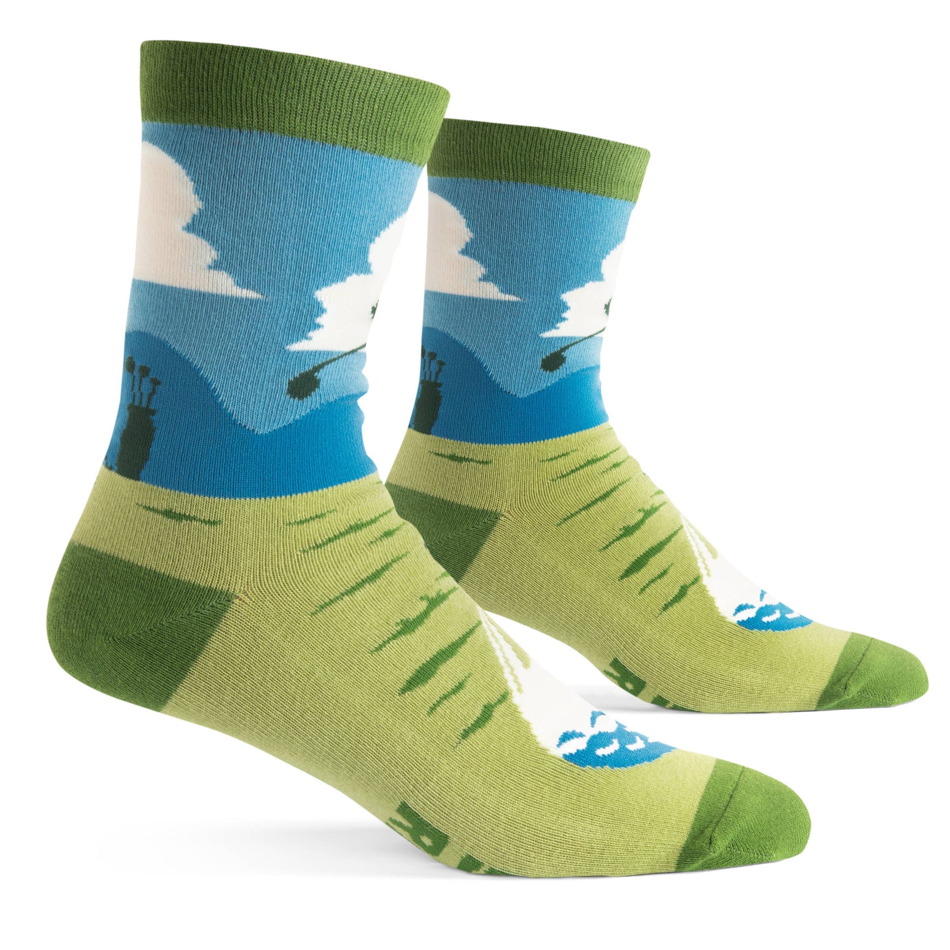 side view of mannequin feet wearing golf themed socks 