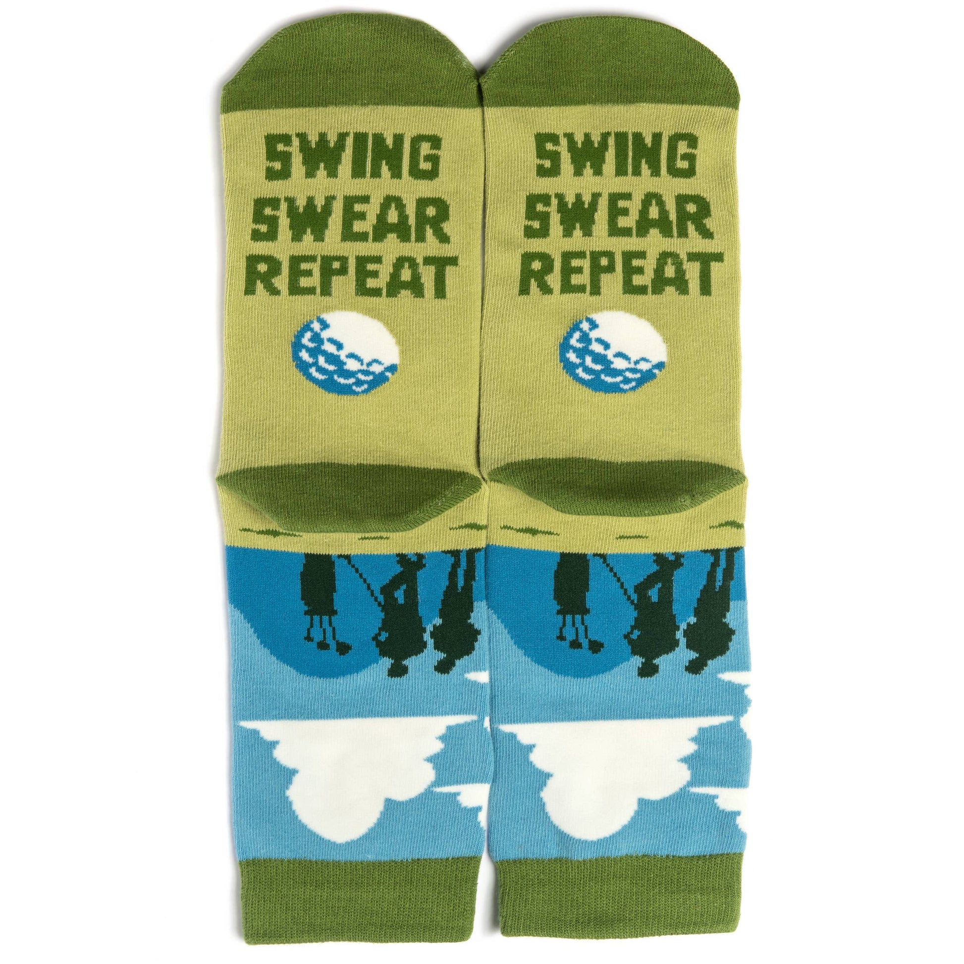 bottom of golf themed socks that read swing swear repeat