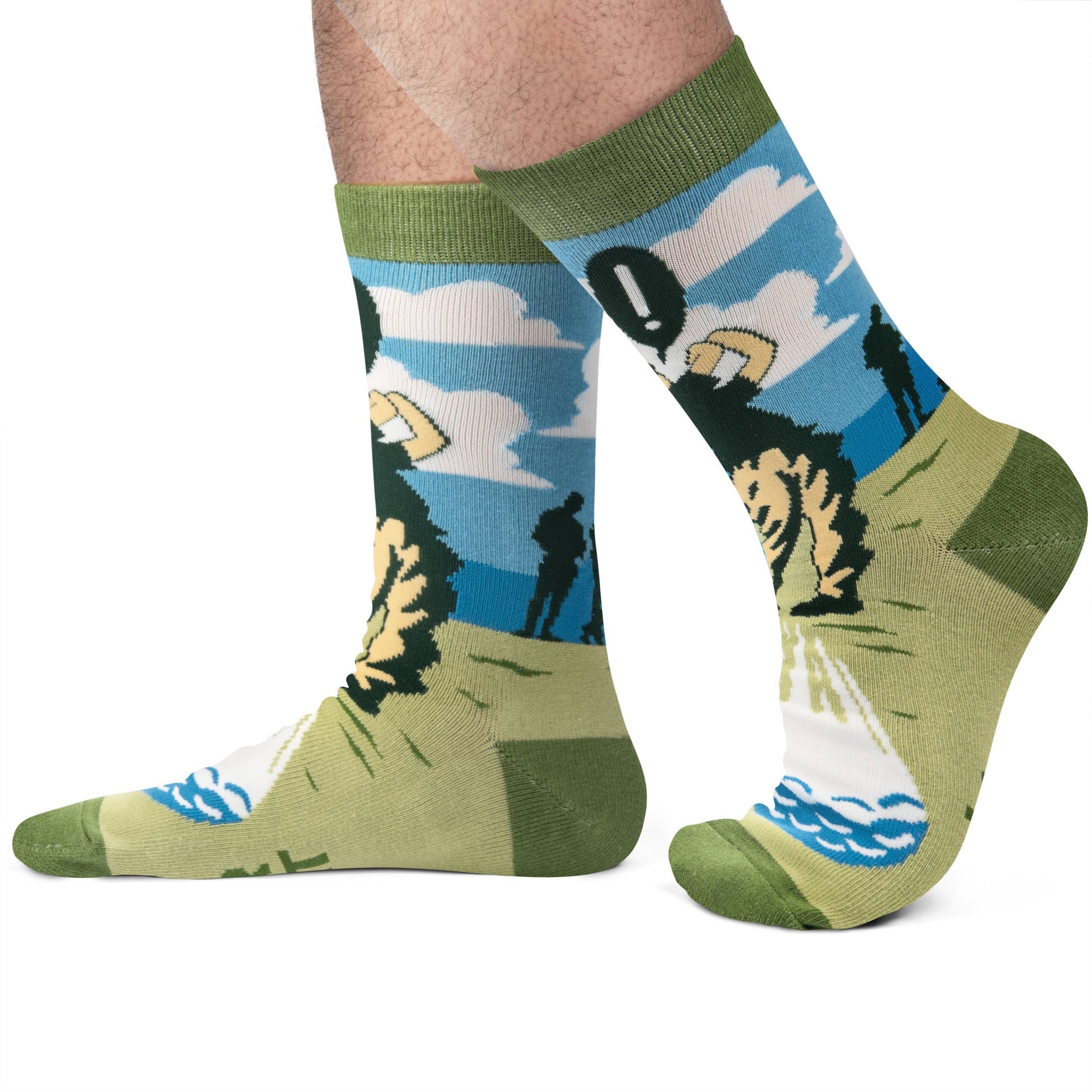 side view of lower portion of mens legs wearing golf themed socks