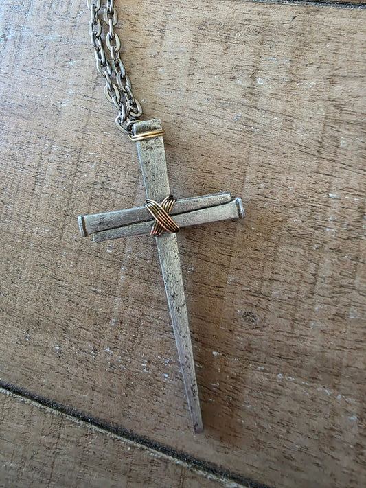 Large Vintage - Hand Forged 3 Nail Cross Necklace