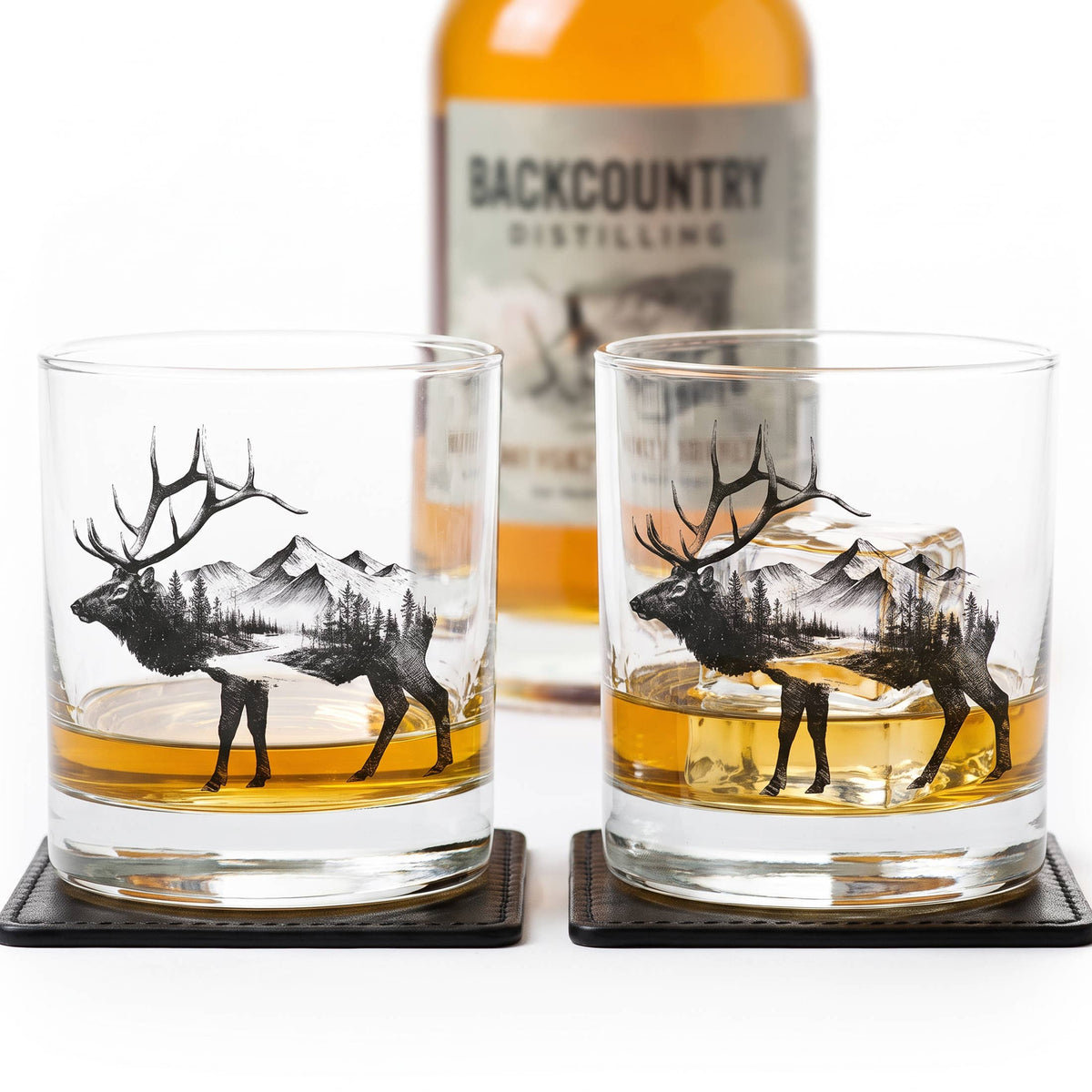 Set of 2 Elk and Mountain Forest Whiskey Glasses
