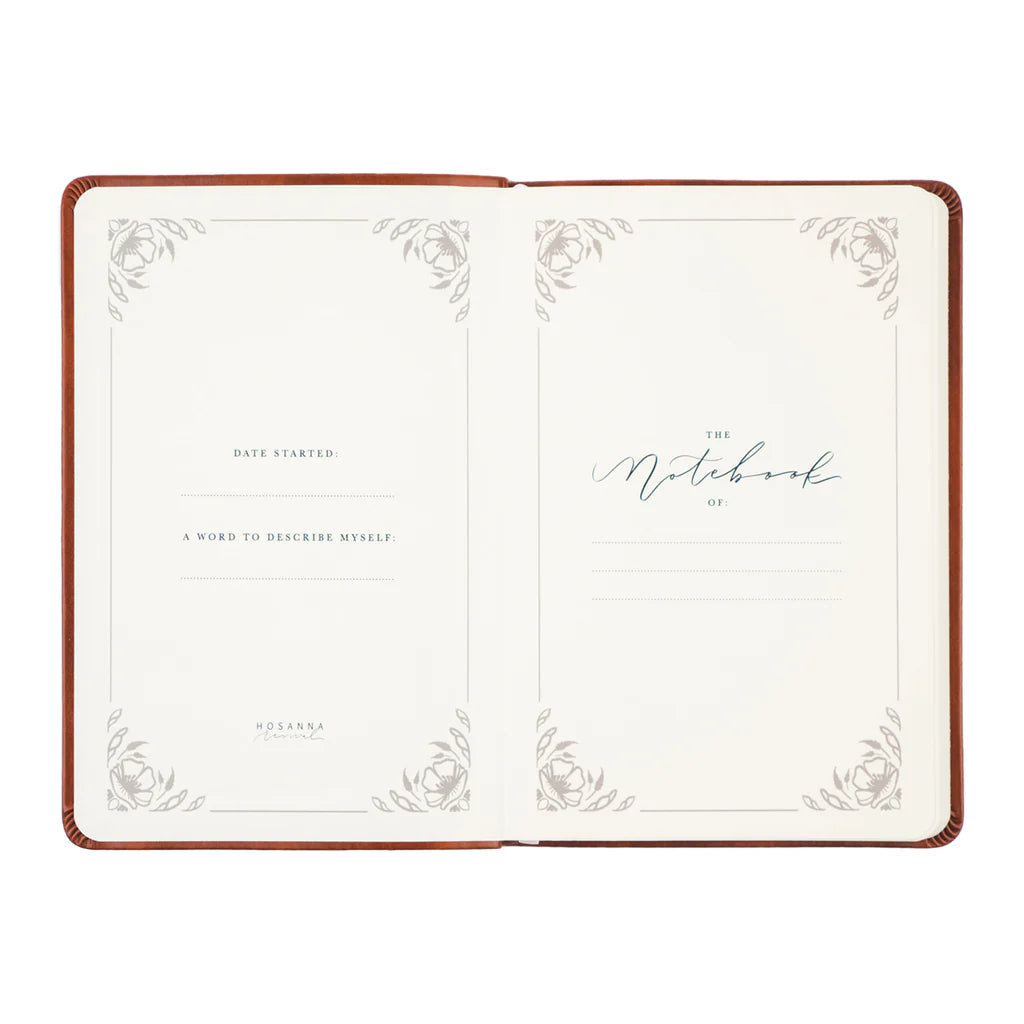 front of bible is open to the inside cover showing a place to write the date and a word to describe yourself as well the name of whom the notebook belongs to