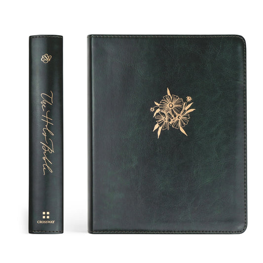 spine and front cover of soft black leather bible with gold flower in the middle, the spnie reads "The Holy Bible"