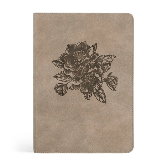 front of tan soft leather bible with a dark brown etched floral in the middle