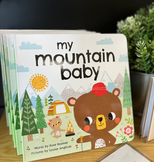 book with a cartoon bear at a camp ground with his family called My Mountain Baby