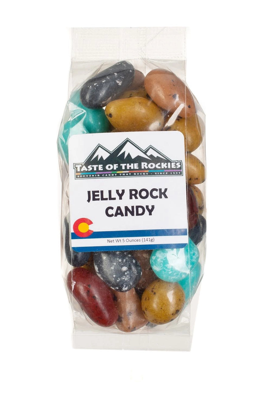 jelly candies that look like painted rocks in a clear package with a white label that says "Taste of the Rockies Jelly Rock Candy"