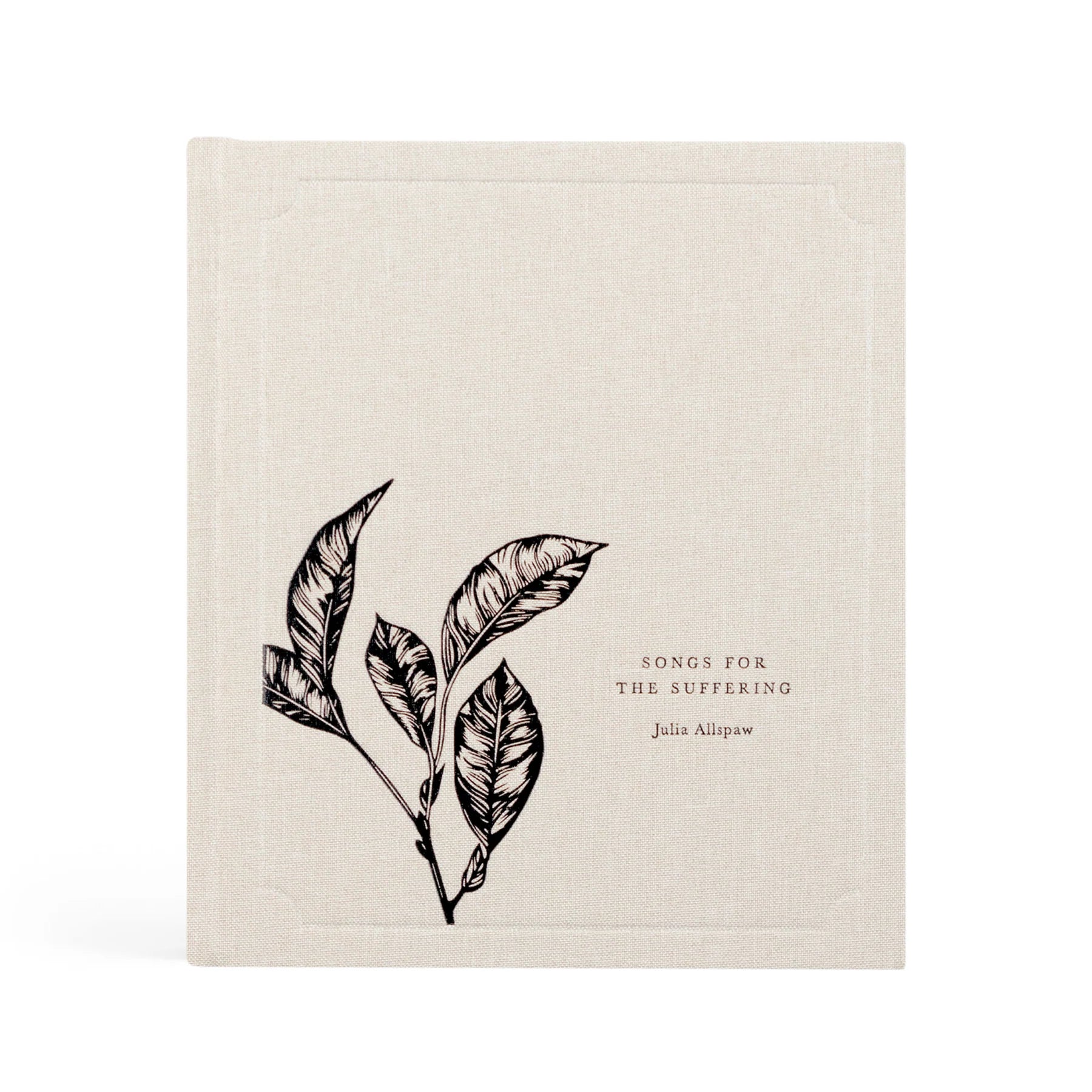 WHITE BOOK WITH BLACK floral and words that read "Sons for the Suffering" By Julia Allspaw