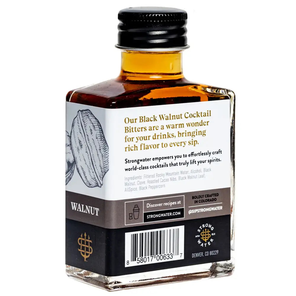 rectangle shapped bottle with black screw top lid, sitting cockeyed on white background to show the back of the label explain Black walnut Cocktail bitters