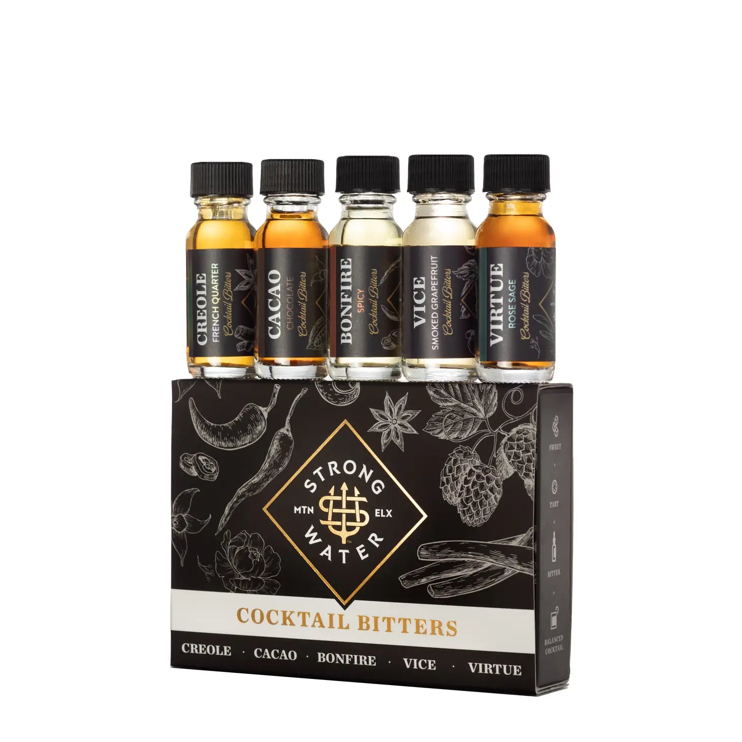 small black gift box with 5 bottles of cocktail bitter bottles sitting across the top of the box, bottles read "Creole, Cacao, Bonfire, Vice & Virtue flavors