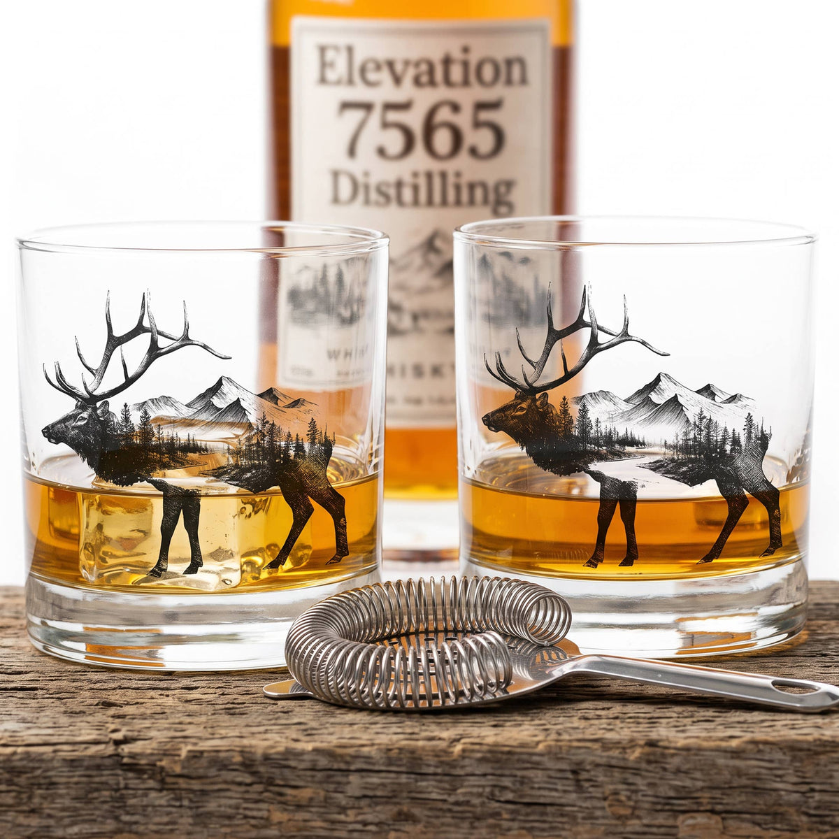 Set of 2 Elk and Mountain Forest Whiskey Glasses