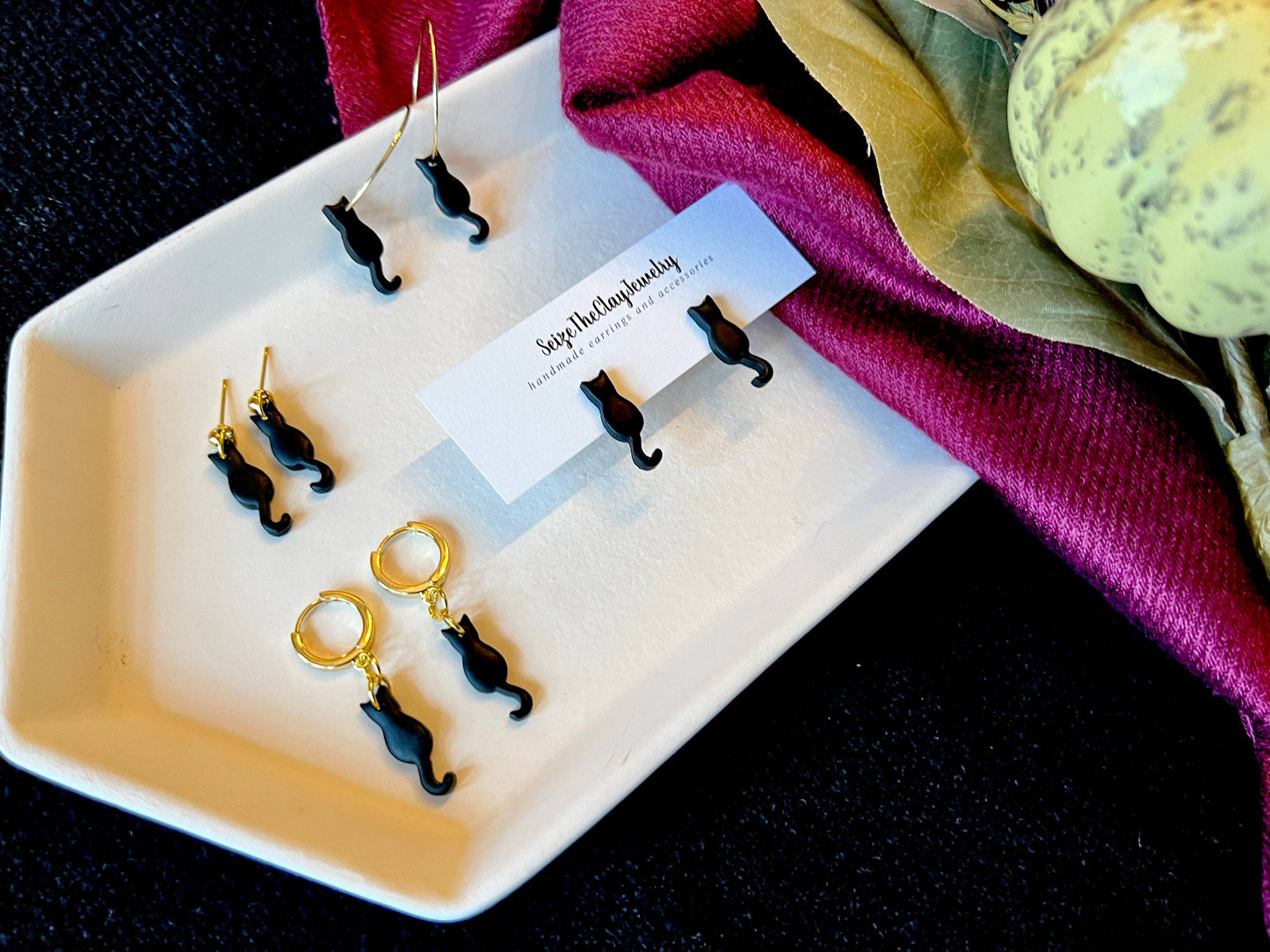 Black Cat Earrings, Black Cat Huggies, Cat Clay Earrings