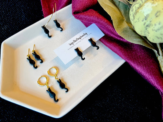 Black Cat Earrings, Black Cat Huggies, Cat Clay Earrings