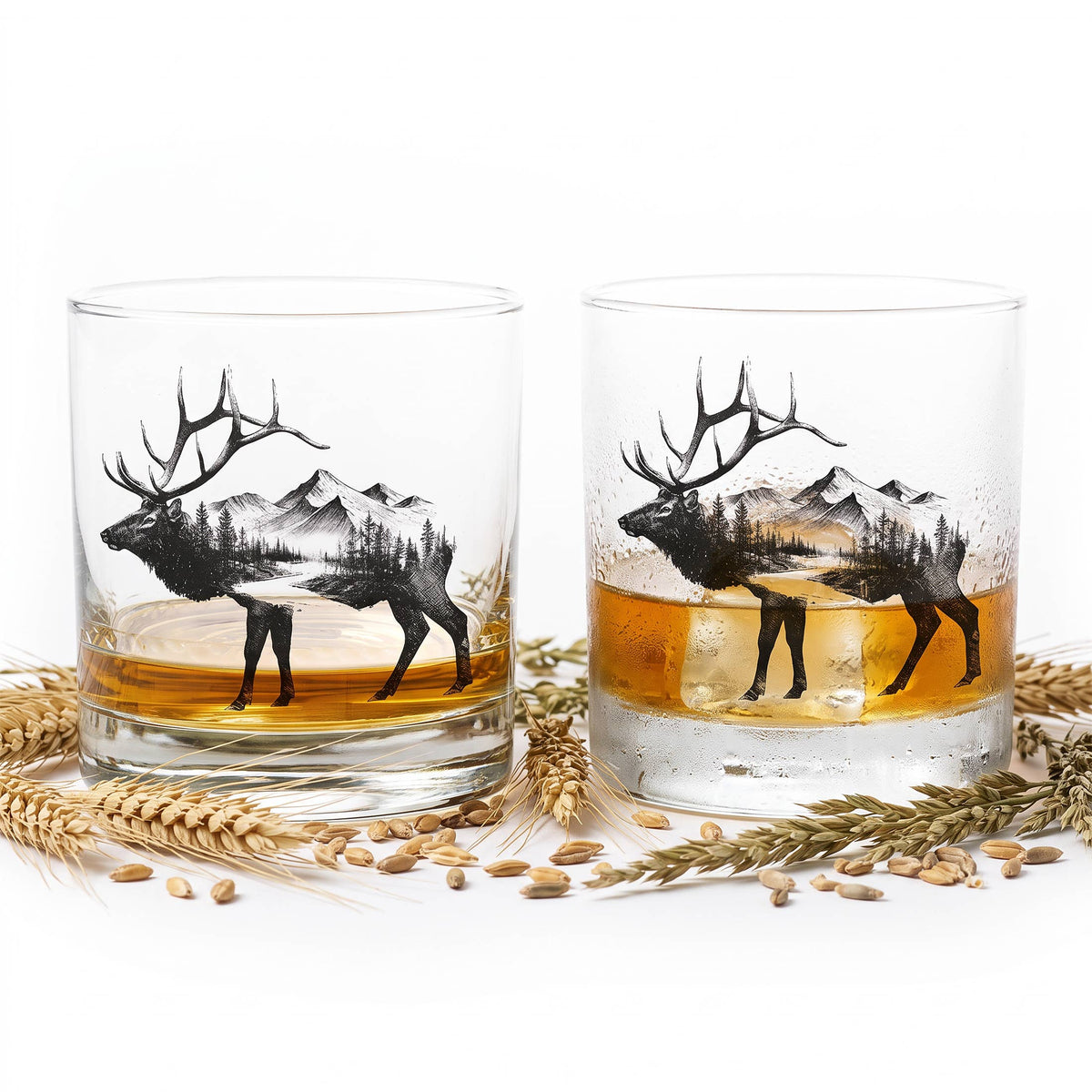 Set of 2 Elk and Mountain Forest Whiskey Glasses
