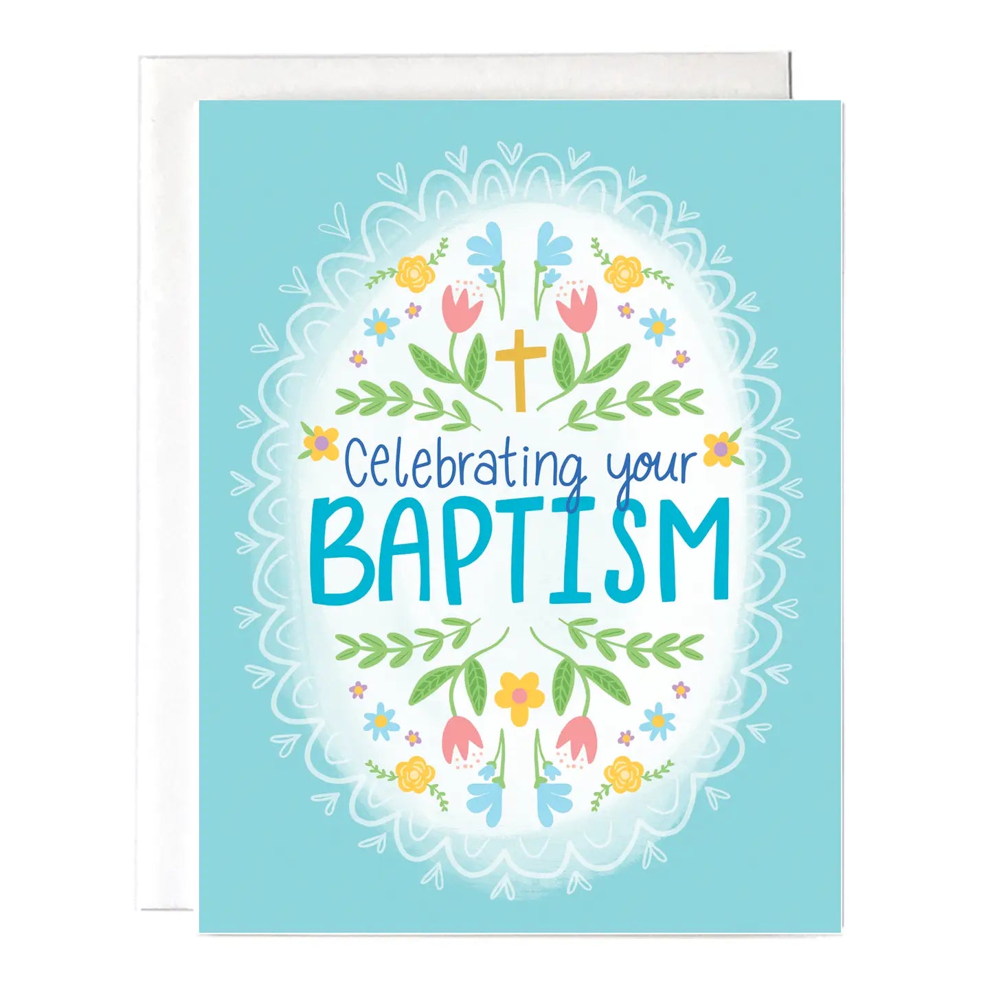 light bright blue card with white oval and spring floral designed greating card that reads "Celebrating your Baptism"