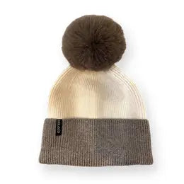 pom pom beanie in brown and cream