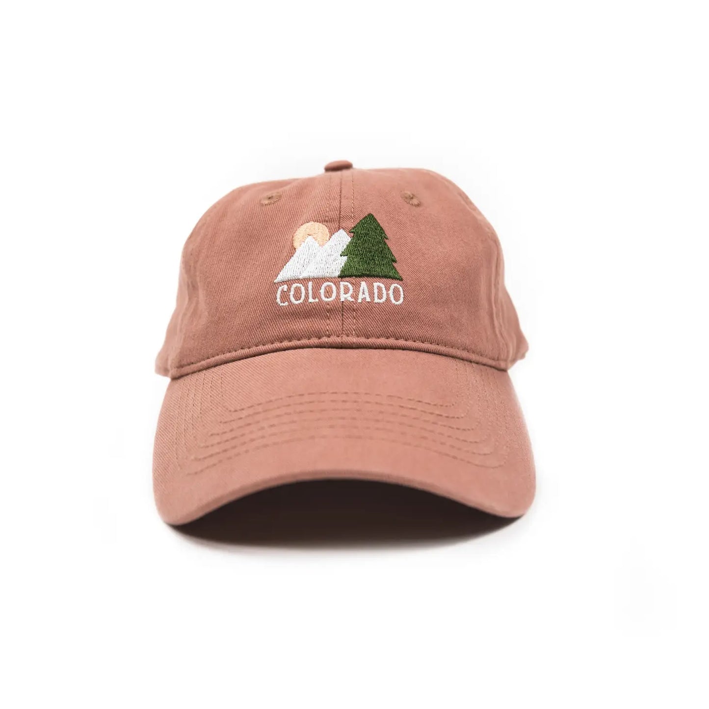 ball cap style hat in dusted rose with COLORADO and trees embroidered on the front