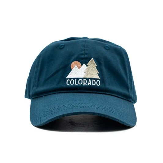 ball cap style hat in dark blue with COLORADO and trees embroidered on the front
