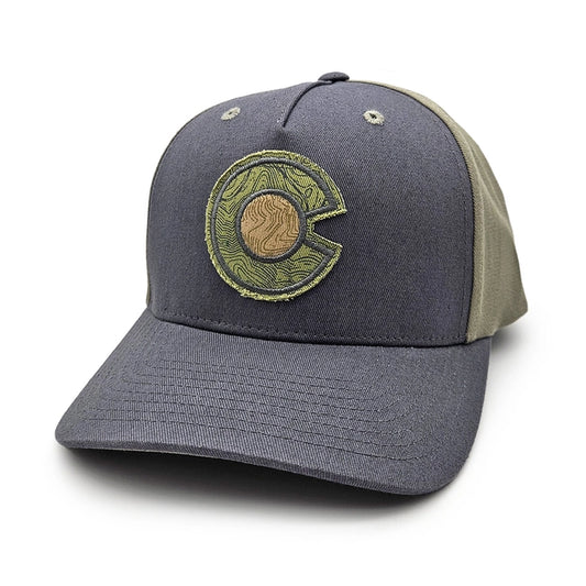 hat that is charcoal on the front and green in the back, there is an embroidered Colorado C patch on the front in green