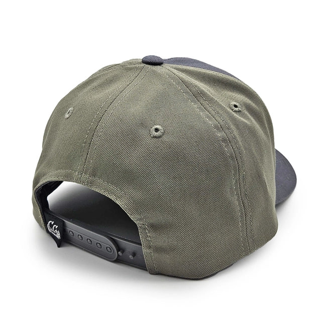 back of hat showing the olive green and adjustable snaps