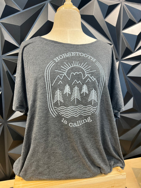 grey wide neck tshirt on mannequin with mountain, sunrising and trees that says Horsetooth is calling