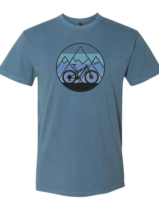 blue tsheet with moutains in a circle and a mountain bike pictured in front of the mountains