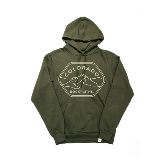 army green hoodie with outline of mountains and words saying colorado rocky mtns