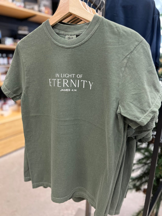 olive green t-shirt on a hanger that says In Light of Eternity James 4:14
