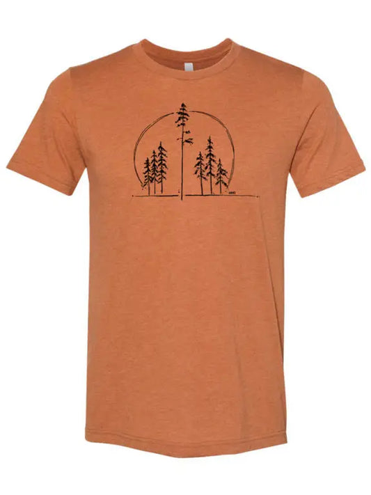 heathered orange tshirt wtih half a circle and trees on the front