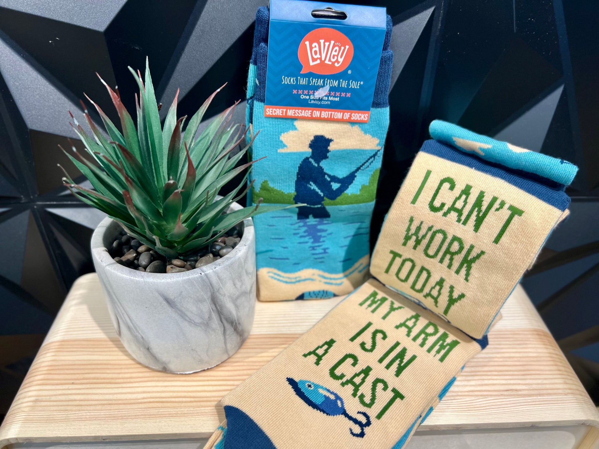 tan and blue socks displayed next to a plant on wood platform, they read "I can't work today, My arm is in a cast" with a man fishing