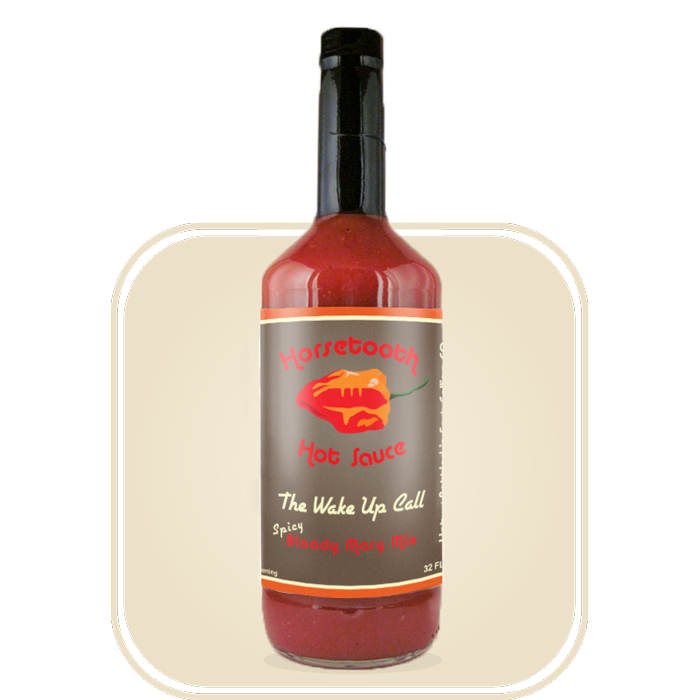 tall glass bottle with black lid and wrapper - red liquid in the bottle - grey, white and orange label reads "Horsetooth Hot Sauce The Wake Up Call Spicy Bloody Mary mix"